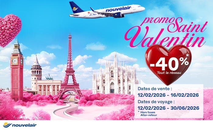Offre Saint-Valentin : 40 % de réduction sur vos vols nouvelair